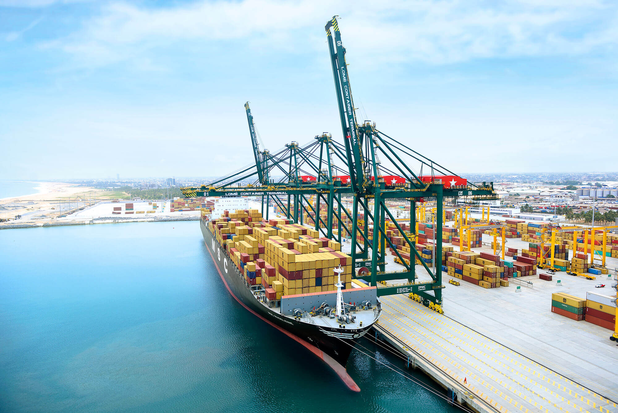 Cargo terminal with ship and containers